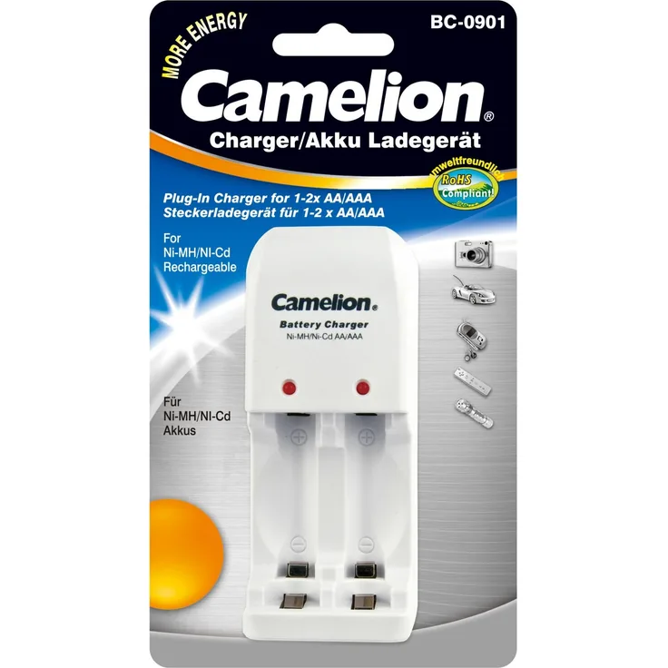 Camelion 20000901 Stecker Ladegerät (NiMH Akkus AA, Mignon, AAA, Micro, geeignet für 1 - 2 NiCD)
