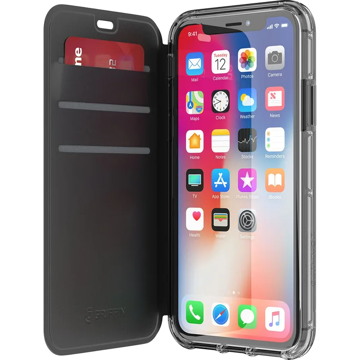 Griffin Survivor Clear Wallet Case Schutzhülle nach Militärstandard für Apple iPhone Xs - X [Kratzfeste Beschichtung I Kartenfächer I Stoßdämpfende Ecken] (schwarz-transparent) - TA43989