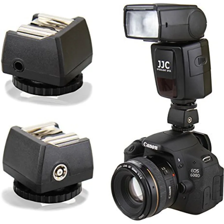 Enjoyyourcamera JSC-8 Blitzadapter zum Anschließen von (Studio-)Blitzen per Kabel an Standard ISO Kamerablitzschuh - mit PC-Synchrobuchse und 3,5mm Klinkenbuchse (made by JJC)