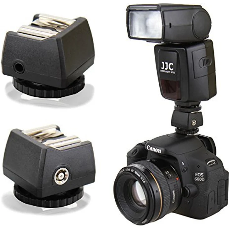 Enjoyyourcamera JSC-8 Blitzadapter zum Anschließen von (Studio-)Blitzen per Kabel an Standard ISO Kamerablitzschuh - mit PC-Synchrobuchse und 3,5mm Klinkenbuchse (made by JJC) – Bild 1