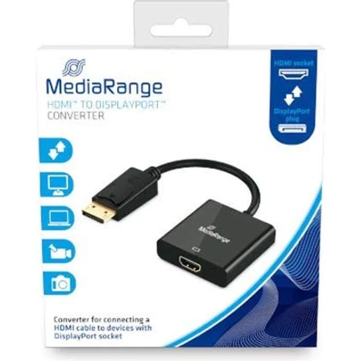 MediaRange HDMI High Speed auf DisplayPort Konverter, vergoldete Kontakte, HDMI Buchse-DP Stecker, 10 Gbit-s Datenübertragungsrate, 15cm, schwarz