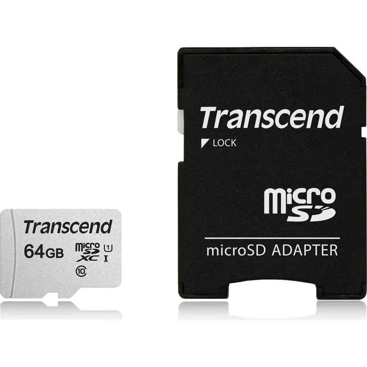 Transcend Highspeed 64GB   micro SDXC-SDHC Speicherkarte (für Smartphones, etc. und Digitalkameras) - 4K, Class 10, UHS-I, A1 – TS64GUSD300S-AE (mit Adapter, Verpackung) – Bild 1