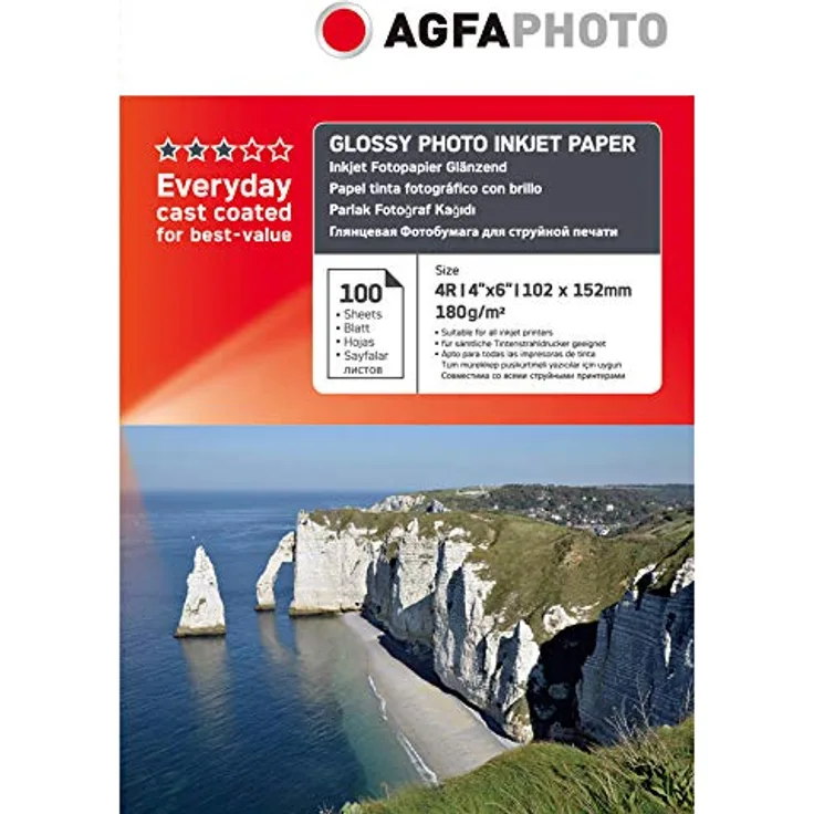 AgfaPhoto AP180100A6 Fotopapier 10 cm x 15 cm 100 Blatt, 180 g glänzende Verpackung im Karton