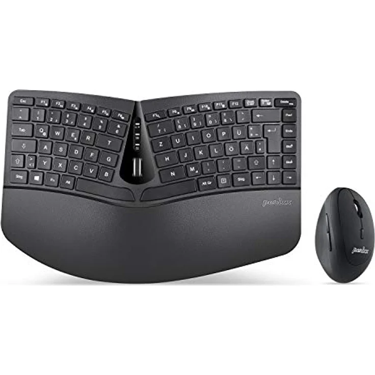 Perixx Periduo-606, Ergonomische kabellose kompakte Tastatur und Vertikale Maus Desktop Set, Geteiltes Tastenfeld, 4-Wege-Scrollrad, Anpassbare Handballenauflage und flachen Tasten mit Vertikalmaus (Deutsch QWERTZ) – Bild 1