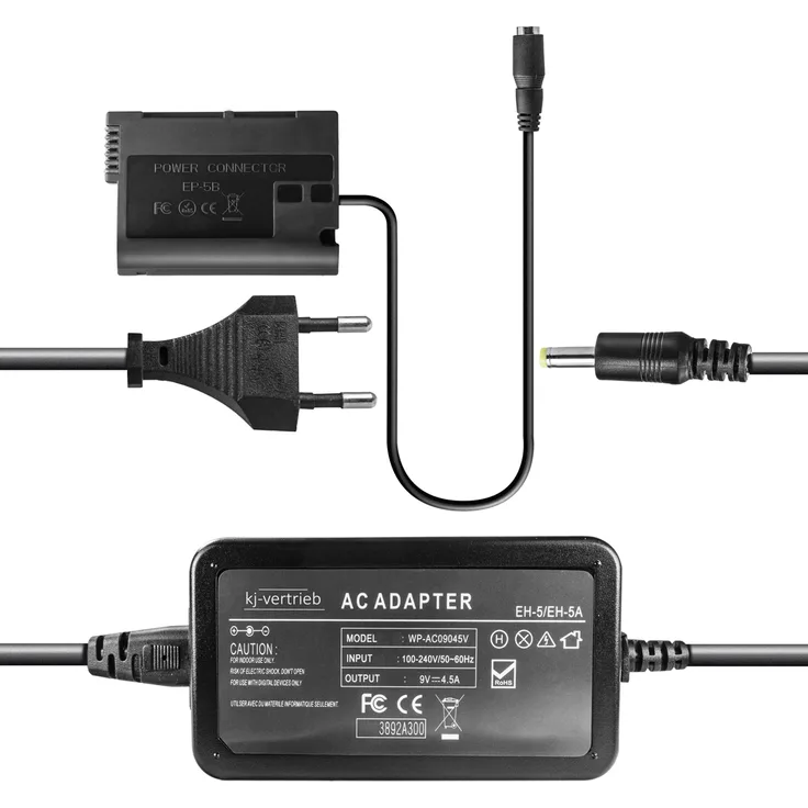 kj-vertrieb Netzteil mit Akkuadapter EP-5B für Nikon 1 V1, D600, D610, D800, D800E, D850, D7000, D7100 - ersetzt EH-5 - 9V 4,5A - 4,0 x 1,7 mm