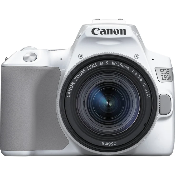 Canon EOS 250D Digitalkamera (24,1 Megapixel, 7,7 cm (3 Zoll) Vari-Angle Display, APS-C-Sensor, 4K, Full-HD, DIGIC 8, WLAN, Bluetooth) mit Objektiv EF-S 18-55mm F4-5.6 IS STM weiß-silber – Bild 1