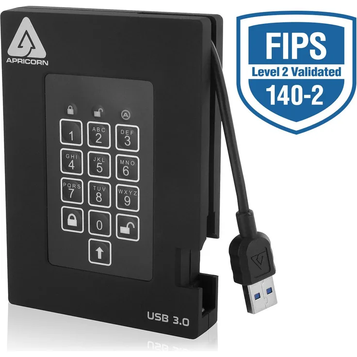 Apricorn Aegis Padlock Fortress 1TB 1000 Gb Schwarz – Externe Festplatte (USB 3.0 (3.1 Gen 1), Type, FIPS 140 – 2, schwarz, wasserdicht, Staub, Wasserdicht, USB)