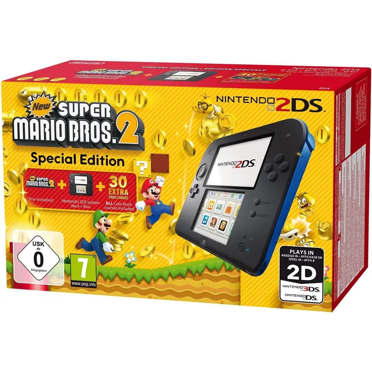 Nintendo 2DS Schwarz-Blau 256MB & 4GB Speicherkarte Bundle inkl. New Super Mario Bros. 2
