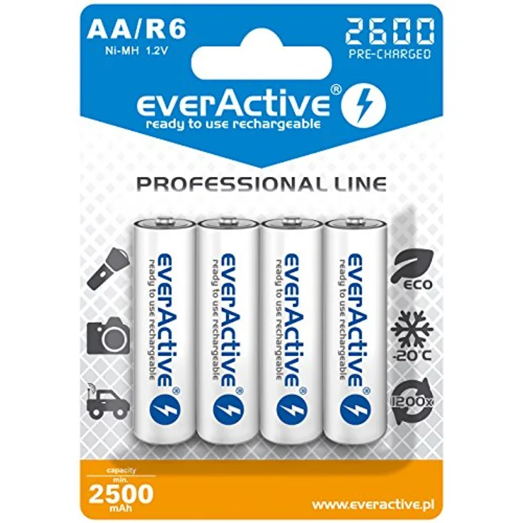 everActive Akku AA 2600 mAh 4 Stück, NI-MH, Mignon R6, wiederaufladbar, vorgeladen, höchster Leistung, Professional Line 1.2V, 1 Blisterkarte