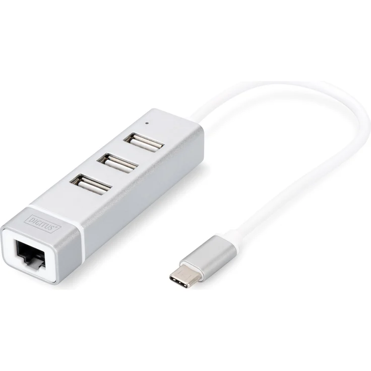 DIGITUS USB 2.0 Typ-C 3-Port Hub & Fast Ethernet LAN Adapter, 3X USB A-F, 1x RJ45 LAN, Chipset FE1.1S-RTL8152B – Bild 1