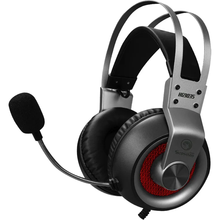 Marvo HG9035GY Gaming Headset 7.1 50mm Treibern, USB 2.0, omnidirektionales Micro, doppelter Metallbügel, graue LED Beleuchtug, PC, Laptop