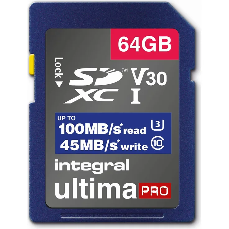 Speicherkarte 64 GB SDxC Premium, sehr hohe Geschwindigkeit bis zu 100 MB-s Lesen, 45 MB-s Schreiben, Klasse 10 V30 UHS-I U3, by Integral Memory