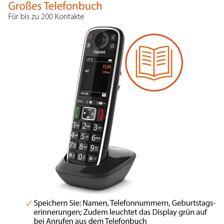Gigaset E720HX elegantes IP-/Seniorentelefon zum Anschluss an Basisstationen oder Router (DECT Telefon mit Rufnummeransage, Bluetooth, SOS Funktion, einfacher Bedienung), VoIP-Telefon, schwarz – Bild 7