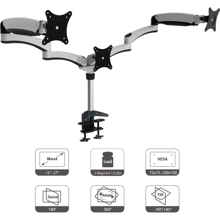 HFTEK DS137S 3 Fach Monitor Standfuß Halterung Halter Tischhalterung Stand für Monitor 15 bis 27 Zoll mit VESA 75/100 (DS137S Weiss)
