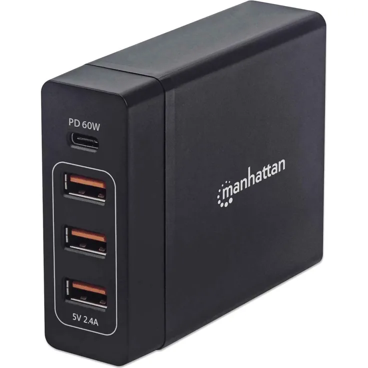 Manhattan 102124 Power Delivery Ladestation – 72 W Ladegerät mit einem USB-C Power Delivery-Port mit bis zu 60 W, DREI USB-A-Ladeports mit bis zu 12 W- 2, 4 A, Schwarz