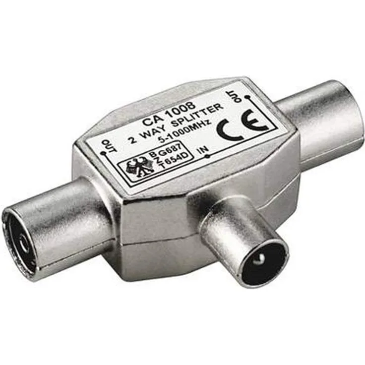PremiumCord TV Antennensplitter IEC 75 Ohm, 1x Stecker auf 2X Buchse, Koax-Kupplung, Coax Antenne, DVB-T, Farbe Silber
