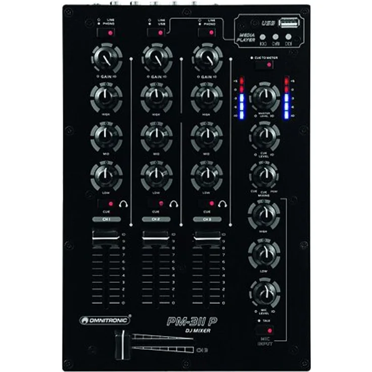 Omnitronic PM-311 P 3-Kanal-DJ-Mixer mit integriertem MP3-Player | DJ-Mikrofoneingang mit Talkover-Schalter