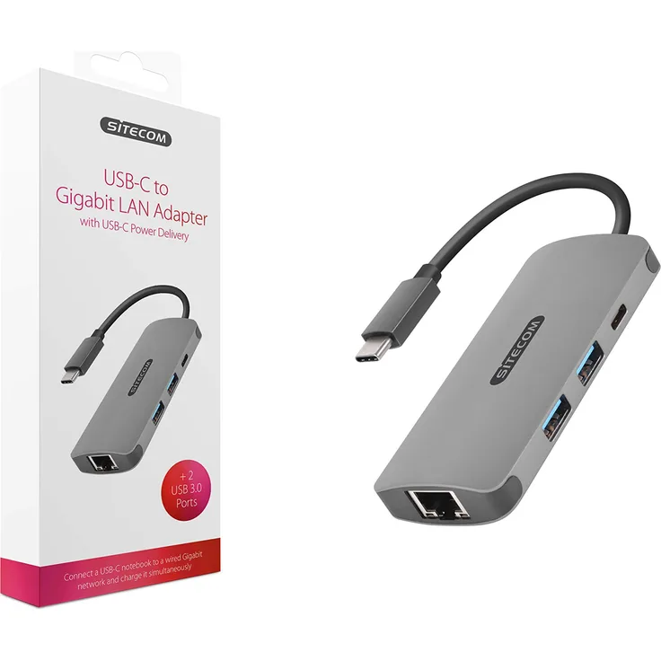 Sitecom CN-378 | USB-C auf Gigabit LAN Ethernet RJ45 + 2X USB 3.0 + 1x USB-C Power Delivery Port Adapter Hub - für MacBook Pro-Air, Chromebook und weitere USB Typ C Geräte