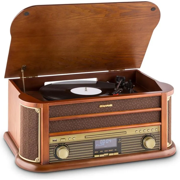 auna Belle Epoque 1908 Retro-Microanlage USB CD MP3 Vinyl Holzgehäuse Braun, CD-Player / Bluetooth / DAB Radio