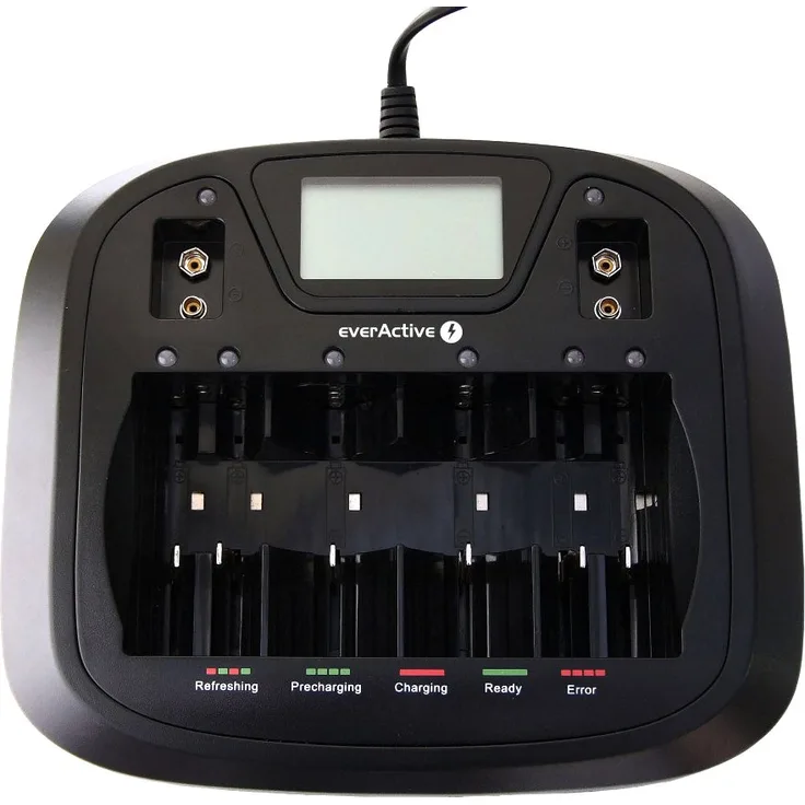 everActive Ladegerät für 8 Akkus AAA AA C D 9V, universal und schnell, vollautomatisch, LCD mit prozentualen Batteriestandsanzeiger, Modell: NC-900U
