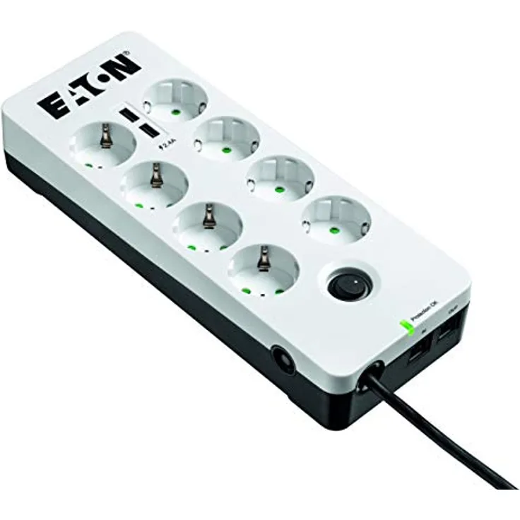 Eaton Protection Box 8 Tel USB DIN - Steckdosenleiste mit Überspannungsschutz (8-fach Schuko Buchse, schaltbar, Telefonschutz und USB-Ausgänge) - weiß