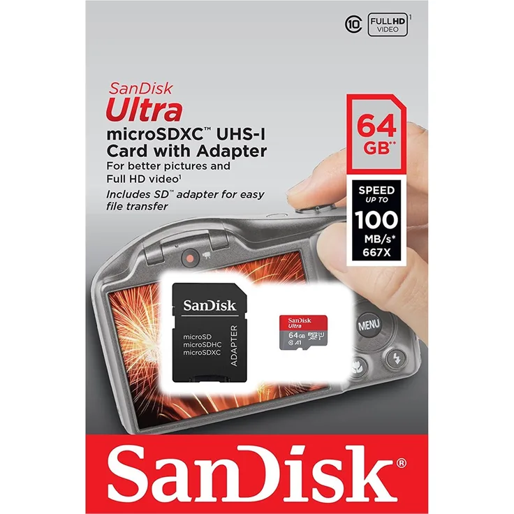 SanDisk Ultra 64GB Imaging microSDXC Speicherkarte + SD-Adapter bis zu 100 MB-Sek, Class 10, U1, A1