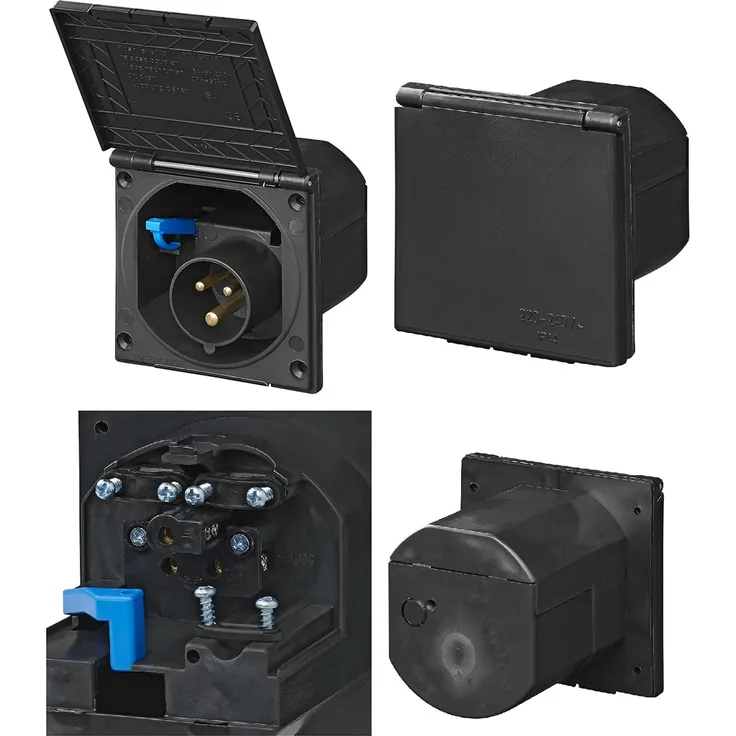 E Aussensteckdose schwarz 220-240V Wohnwagen Wohnmobil Einspeisung 16A IP44