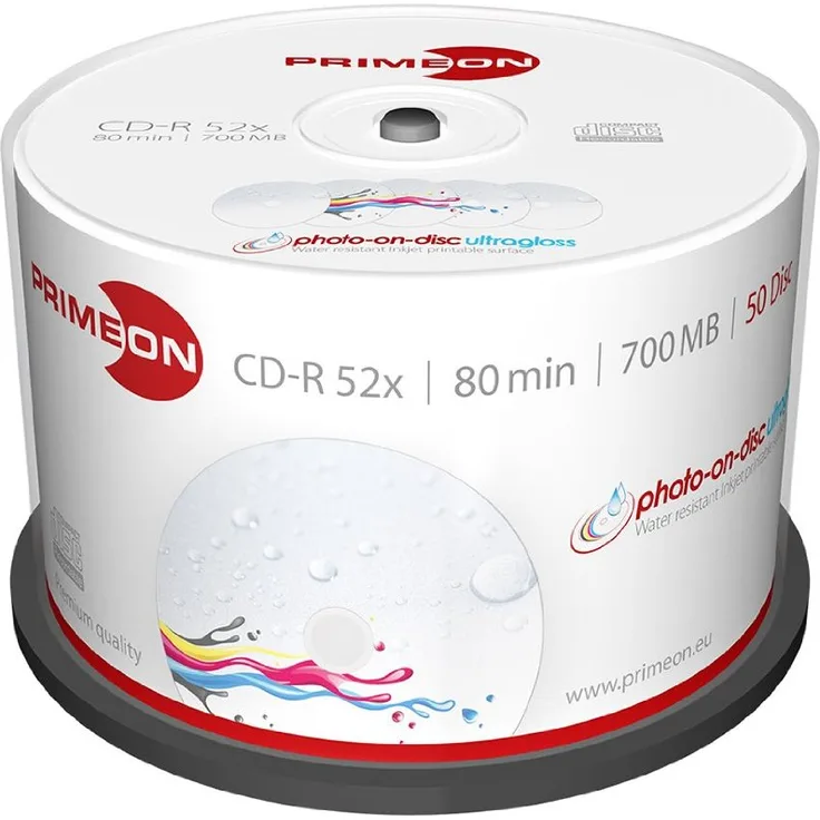 PRIMEON CD-R 80Min-700MB-52x Cakebox (50 Disc), photo-on-disc ultragloss Surface, Water resistant Inkjet Fullsize Printable