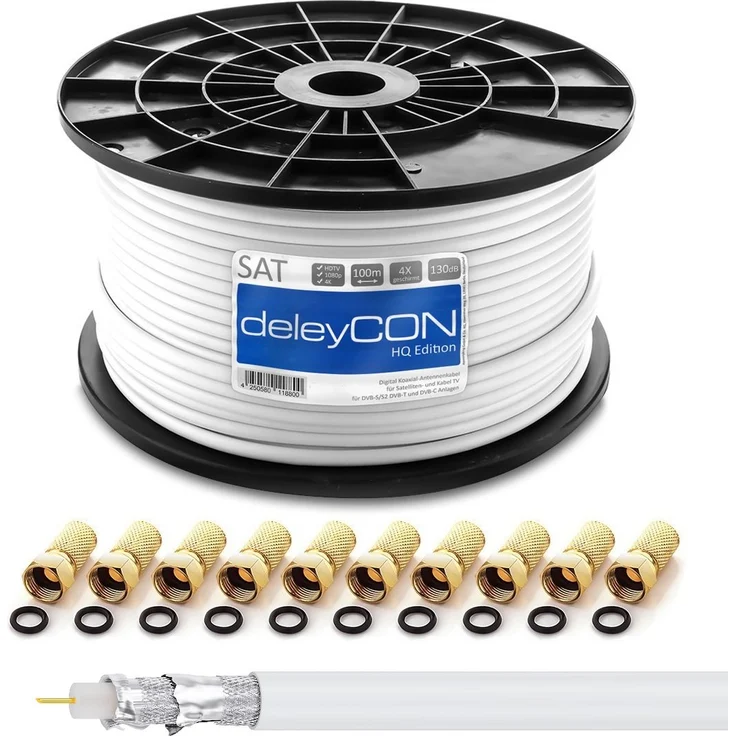 deleyCON HQ 100m SAT Koaxial Kabel 130dB - 4-fach geschirmt für DVB-S - S2 DVB-T und DVB-C - Stahl/Kupfer Innenleiter - 4K 1080p FULL HD HDTV - inkl. 10x vergoldete F-Stecker – Bild 1