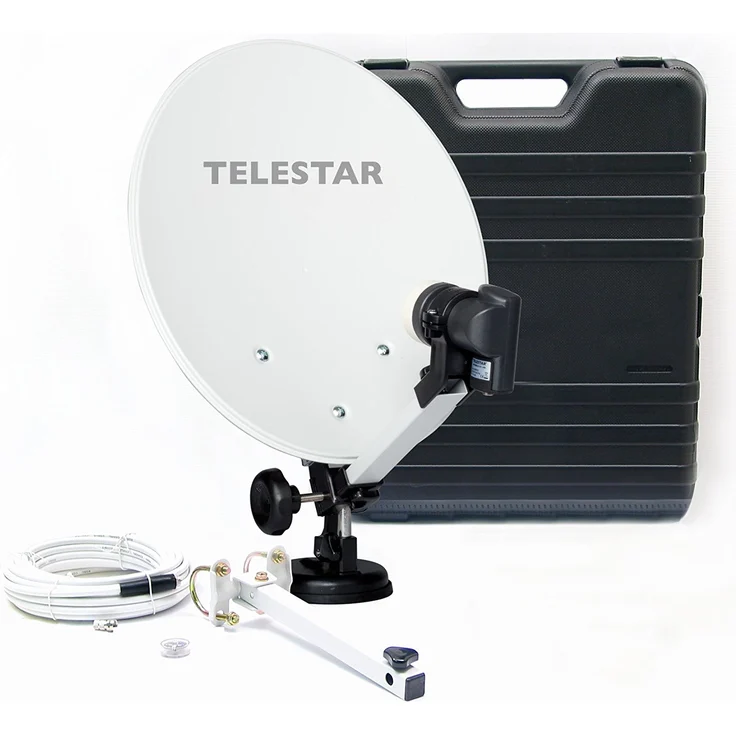 Telestar Camping-Sat-Anlage (Hartschalenkoffer, 13,7 Zoll (35 cm) Spiegel , Single-LNB (0,1dB), Kompass, Kabel 10m, diverse Halter) – Bild 1