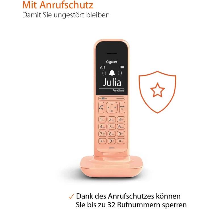 Gigaset CL390A schnurloses Design-Telefon mit Anrufbeantworter, DECT Telefon mit Freisprechfunktion, großem Grafik Display, leicht zu bedienen mit intuitiver Menüführung, Cantaloupe, Analog-Telefon, orange – Bild 4