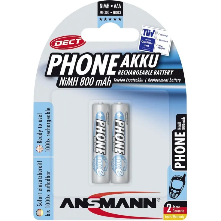 ANSMANN Akku AAA Micro 800 mAh 1,2V NiMH für Schnurlostelefon 2 Stück - Wiederaufladbare Batterien mit geringer Selbstentladung maxE - Akkus ideal für DECT Telefon schnurlos - Rechargeable Battery