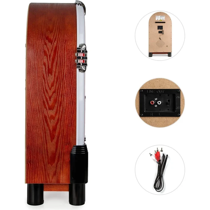 auna Graceland TT - Jukebox, Retro Musikbox, Bluetooth, Plattenspieler, MP3-fähiger CD-Player, USB-Port, SD-Karten Slot, Aufnahmefunktion, AUX-Eingang, UKW Radio, LED-Beleuchtung, braun – Bild 5