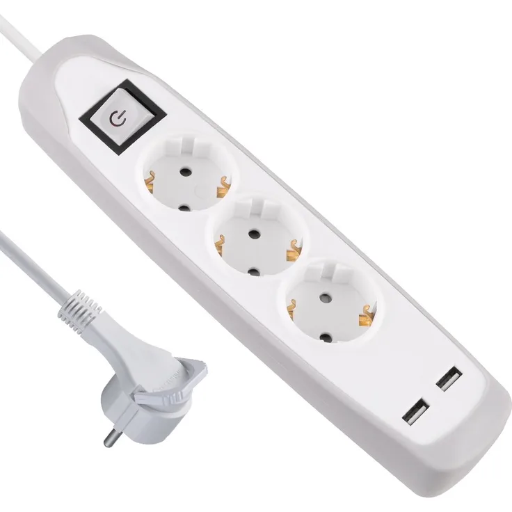 Electraline 62153 Gummy-Line Steckdosenleiste 3-Fach mit Schalter + 2 USB 2.1A, Kabel 2m - Mehrfachsteckdose-Tischsteckdose Steckerleiste, Extra Flacher Stecker, grau