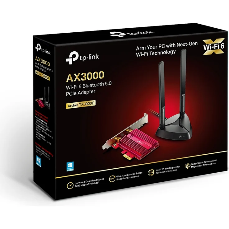 TP-Link Archer TX3000E AX3000 WiFi 6 Bluetooth 5.0 PCIe-Adapter (zwei Multi-Richtantennen, Intel AX200, Kühlkörper, WPA3-Verschlüsselungsstandard ,Platzsparender Einsatz)Schwarz, Rot – Bild 2