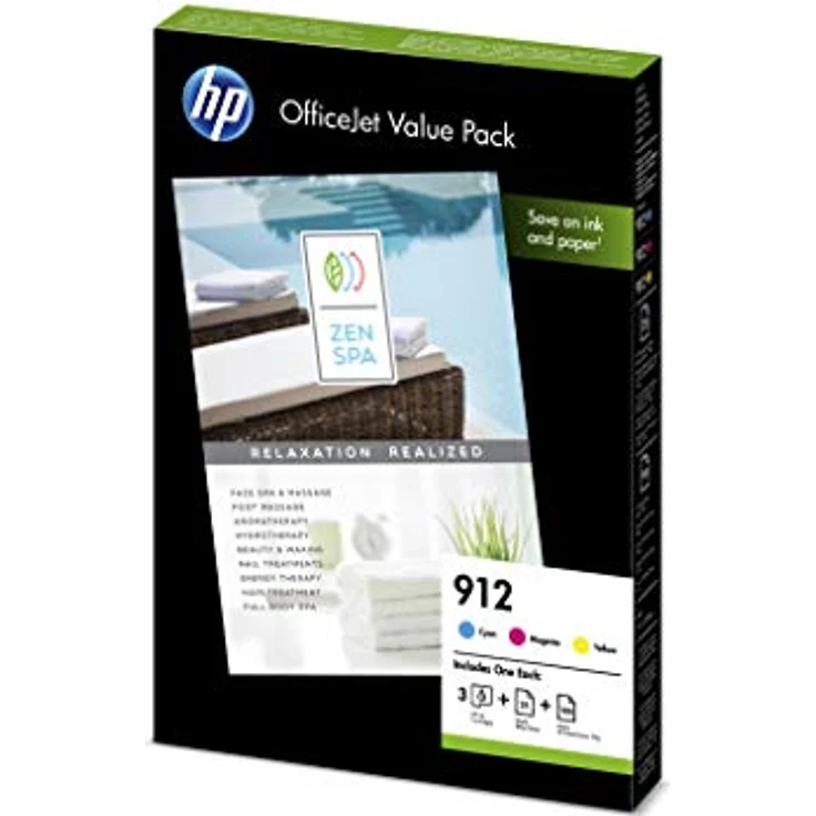 HP 912 Office Value Pack 3 Druckerpatronen mit hoher Reichweite (25 Blatt Druckerpapier glänzend (180g), 100 Blatt Druckerpapier Color Choice (90g) für HP OfficeJet Pro) blau, rot, gelb – Bild 1