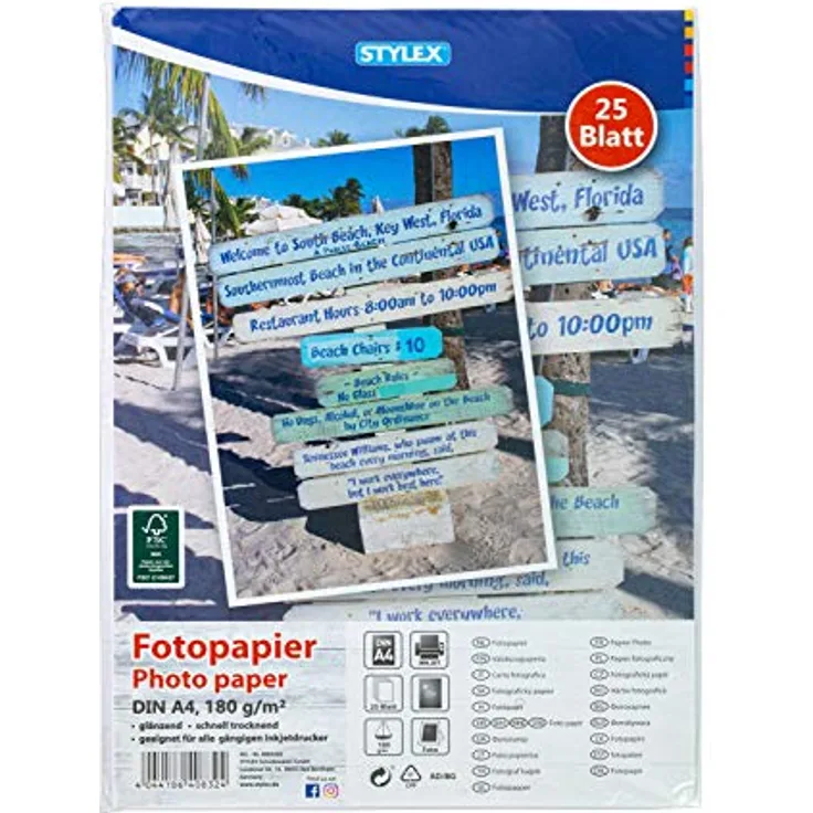 Stylex 40832 - Fotopapier, DIN A4, 25 Blatt, 180 g-m², glänzend, schnelltrocknend, geeignet für alle gängigen Inkjetdrucker