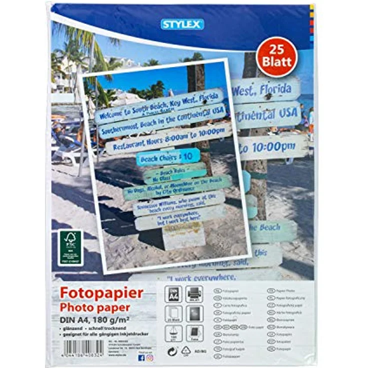 Stylex 40832 - Fotopapier, DIN A4, 25 Blatt, 180 g-m², glänzend, schnelltrocknend, geeignet für alle gängigen Inkjetdrucker