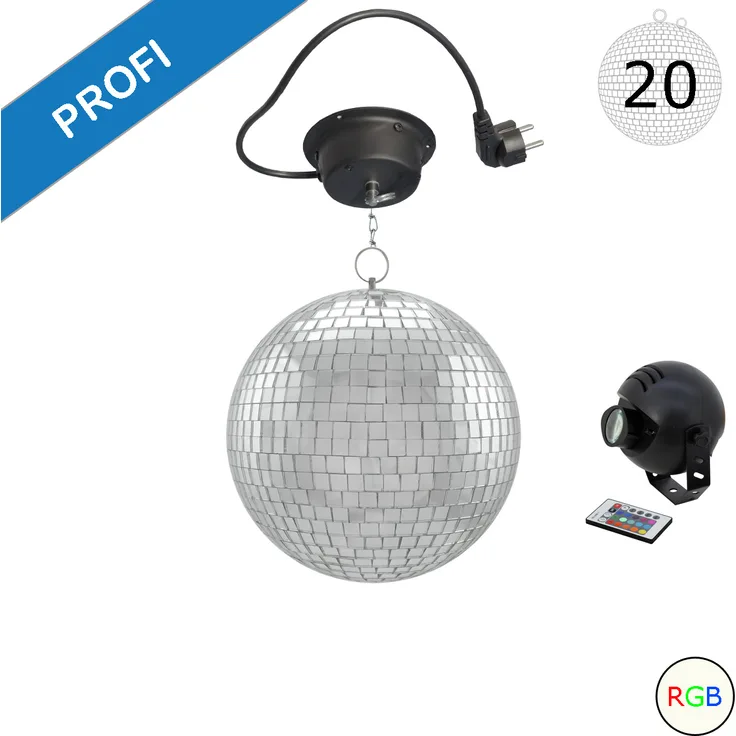 Spiegelkugel Komplettset 20cm mit Motor, LED Farbwechsel Pinspot (RGB) und Montagematerial PROFI