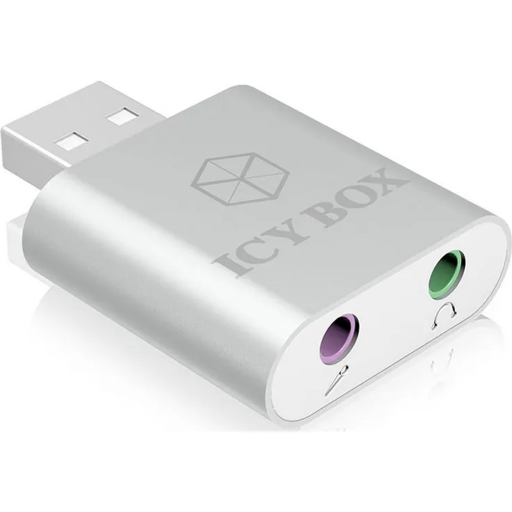 Icy Box IB-AC527 Externe USB-Soundkarte - USB zu Kopfhörer & Mikrofon (2x 3,5 mm) Adapter, Aluminiumgehäuse (silber)
