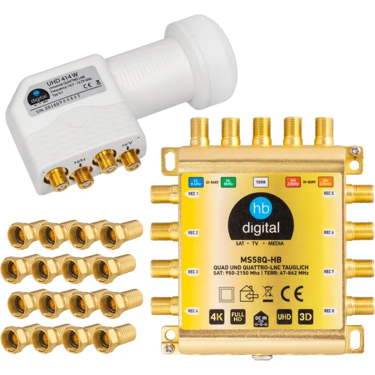 HB-DIGITAL SET MS58q-HB Multischalter mit Netzteil + Quattro LNB + F-Stecker vergoldet