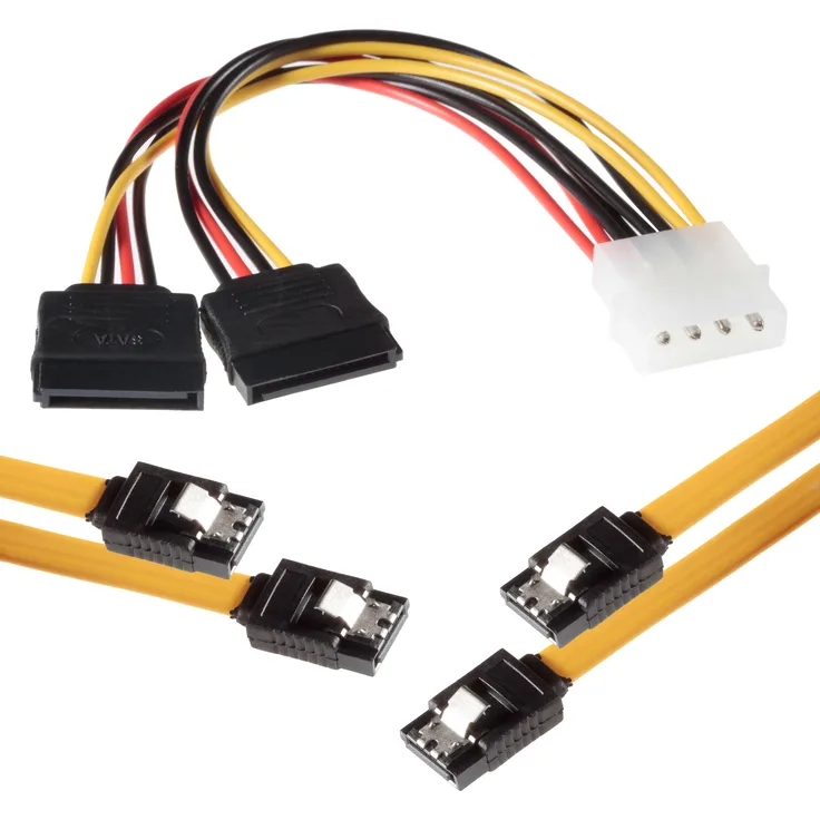 Poppstar 2x50cm Sata 3 Datenkabel in gelb (Sata Kabel - Stecker gerade), inkl. 20cm 4-pin Stromadapter auf 2x 15-pin