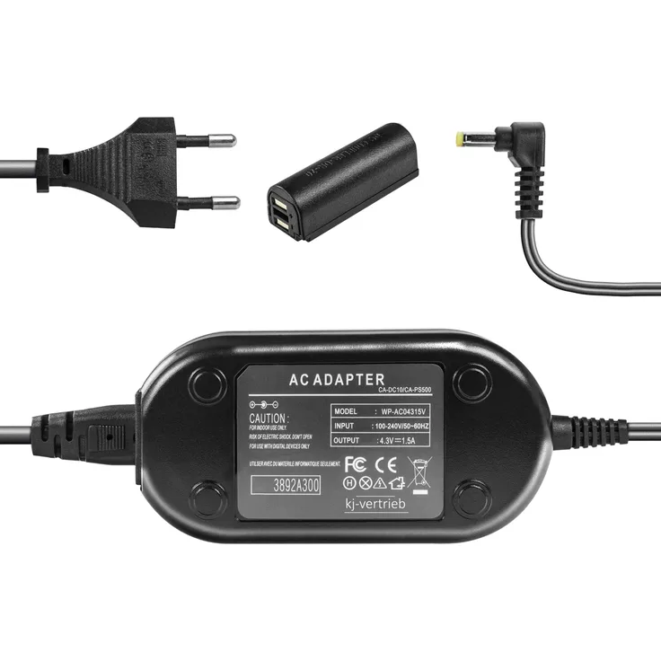 kj-vertrieb Netzteil mit Akkuadapter für Canon Powershot SD4500 / Ixus 500HS / 1000HS / Powershot N - ersetzt ACK-DC70 - inkl. Akkuadapter DR-70 - 3.15V 1.5A
