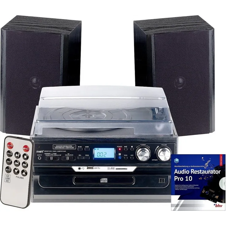 Auvisio MHX-600.bt 5in1 Plattenspieler Digitalisierer Musikplayer mit Lautsprechern Stereonanlage digitalisieren MP3 CD MC Kassette USB Vinyl