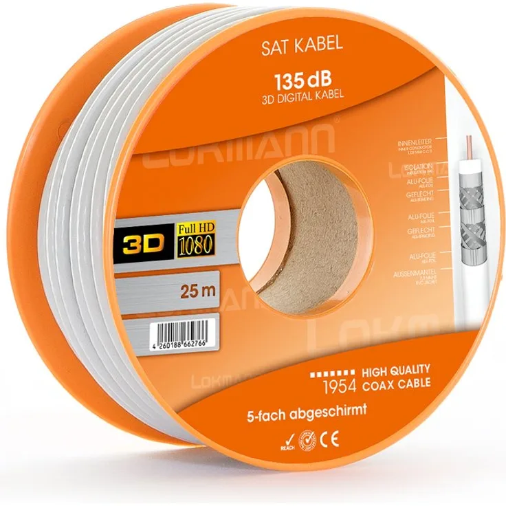 Lokmann 25 m Koaxialkabel Sat Kabel 135dB 5-fach abgeschirmtes Antennenkabel