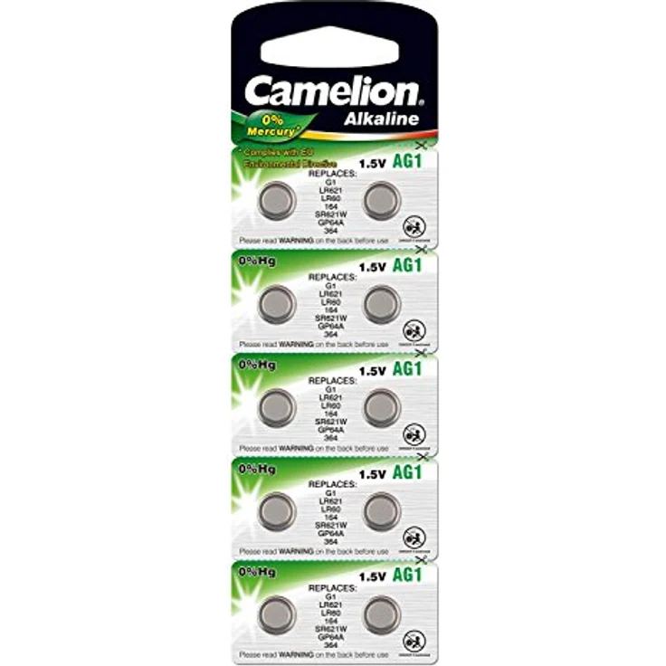 Camelion 12051001 Alkaline Knopfzellen ohne Quecksilber AG1-LR60-LR621-364-1,5 Volt, 10er-Pack – Bild 1