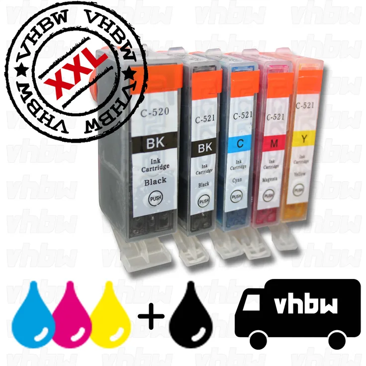 vhbw 5x Druckerpatronen Tintenpatronen Set mit Chip passend für Canon Pixma MP640, MP980, MP990, MX860, MX870 eretzt PGI-520BK, CLI-521