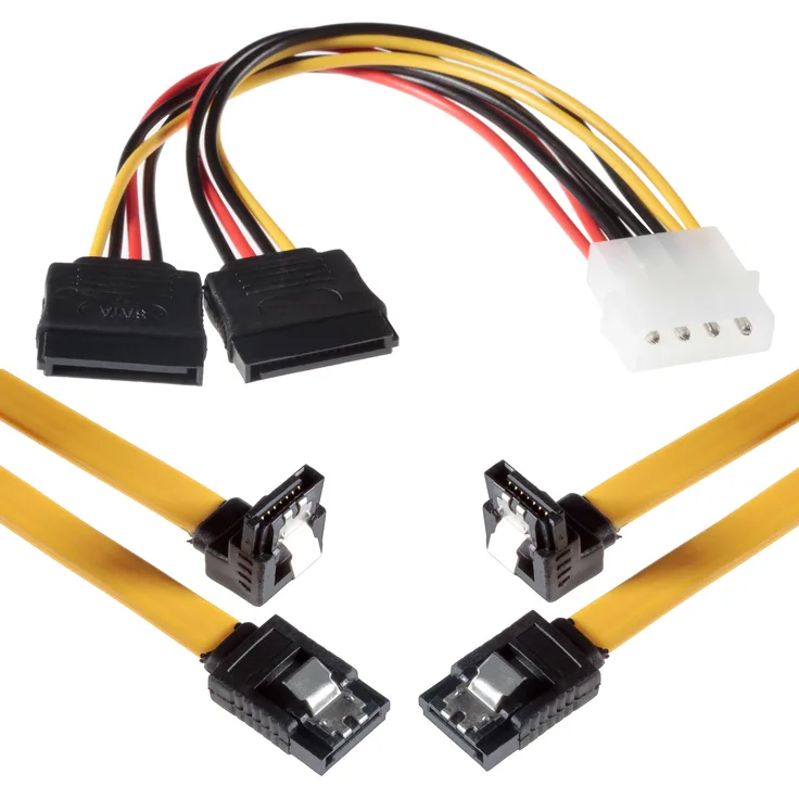 Poppstar 2x 50cm Sata 3 Datenkabel in gelb (Sata Kabel - Stecker gerade auf gewinkelt), mit 20cm 4-pin Stromadapter auf 2x 15-pin