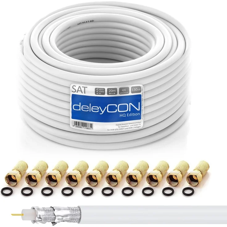 deleyCON HQ 20m SAT Koaxial Kabel 130dB - 4-fach geschirmt für DVB-S - S2 DVB-T und DVB-C - Stahl/Kupfer Innenleiter - 4K 1080p FULL HD HDTV - inkl. 10x vergoldete F-Stecker – Bild 1