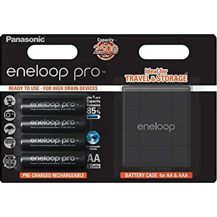Panasonic Eneloop Pro 4 Stück wiederaufladbare Akkus NI-MH 2500 mAh Größe AA + Batteriehalter